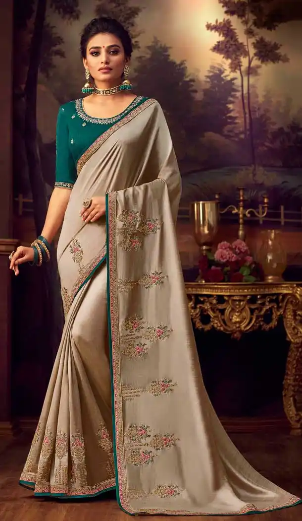 Beige Color Vichitra Silk Heavy Designer Party Wear Saree Blouse -8892106063