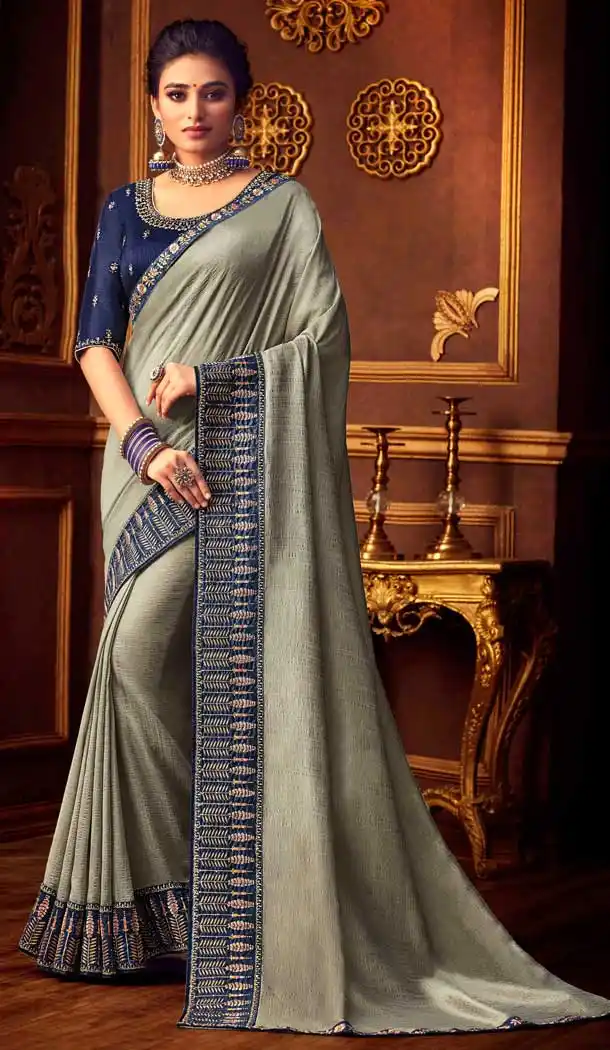Grey Color Vichitra Silk Heavy Designer Party Wear Saree Blouse -8892106065