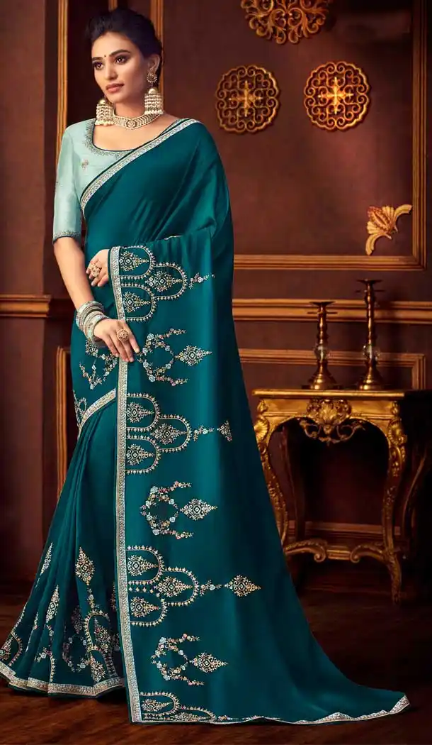 Teal Blue Color Vichitra Silk Heavy Designer Party Wear Saree Blouse -8892106066