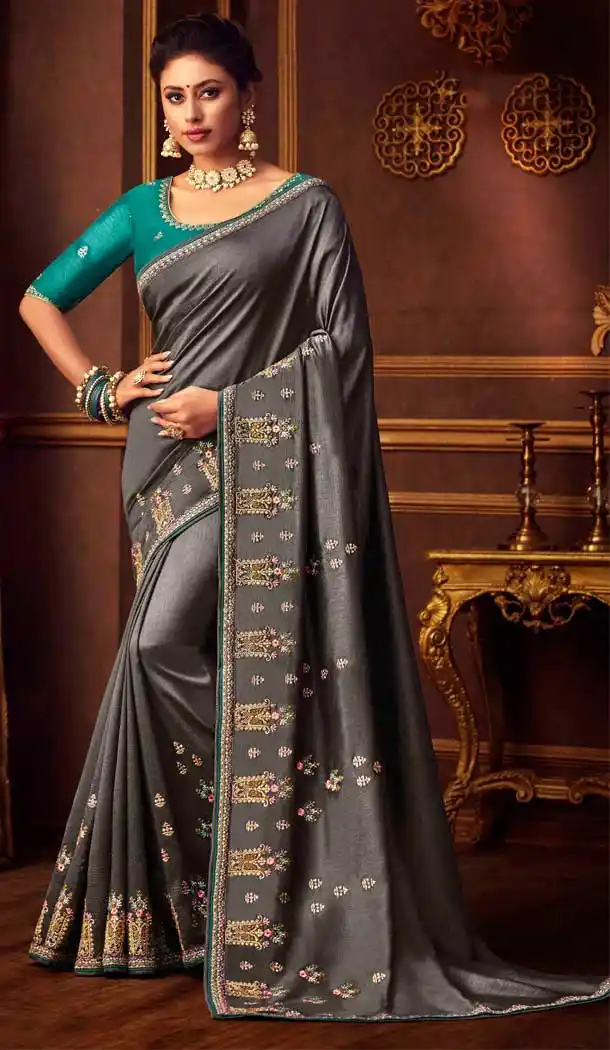 Grey Color Vichitra Silk Heavy Designer Party Wear Saree Blouse -8892106067