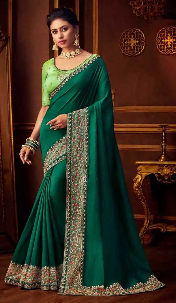 Green Color Vichitra Silk Heavy Designer Party Wear Saree Blouse -8892106068