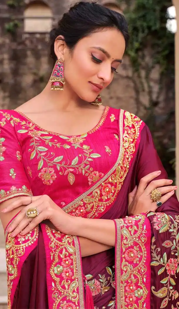 Wine Color Modal Satin Embroidery Heavy Designer Saree Blouse -8893106070