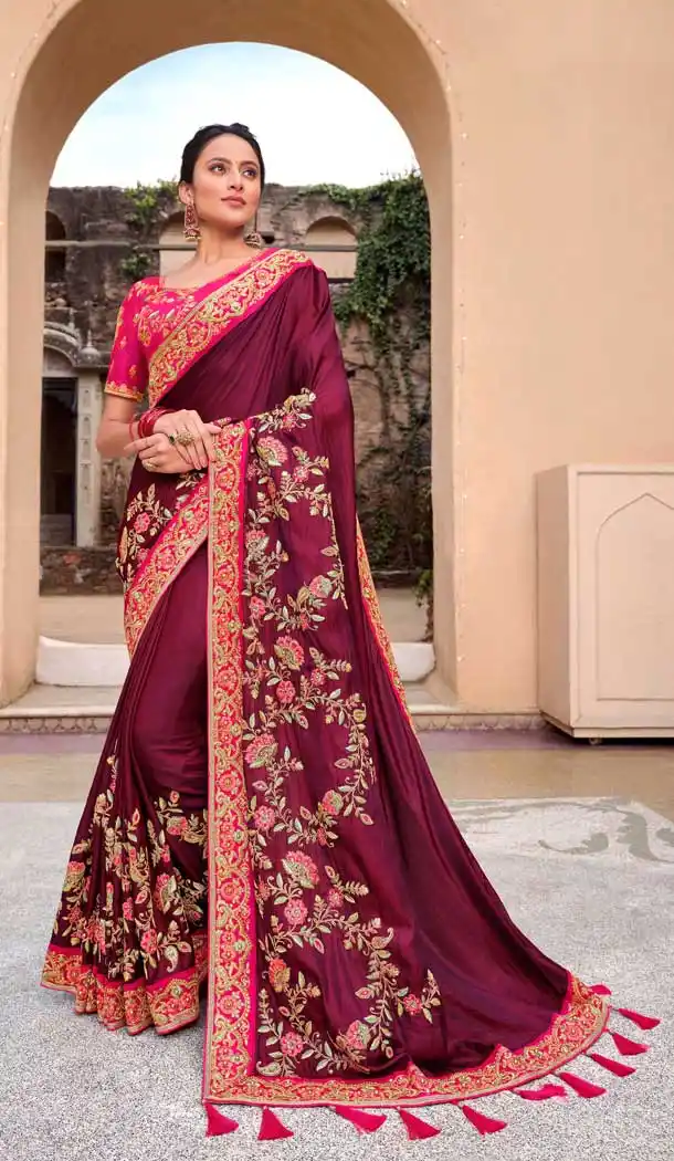 Wine Color Modal Satin Embroidery Heavy Designer Saree Blouse -8893106070