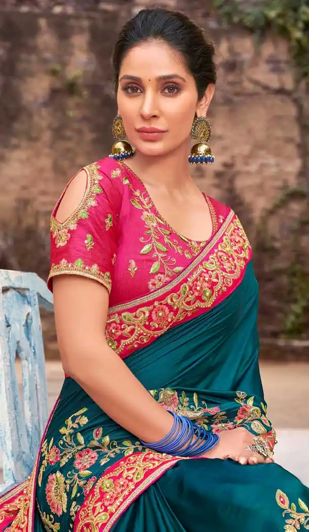 Teal Blue Color Modal Satin Embroidery Heavy Designer Saree Blouse -8893106071