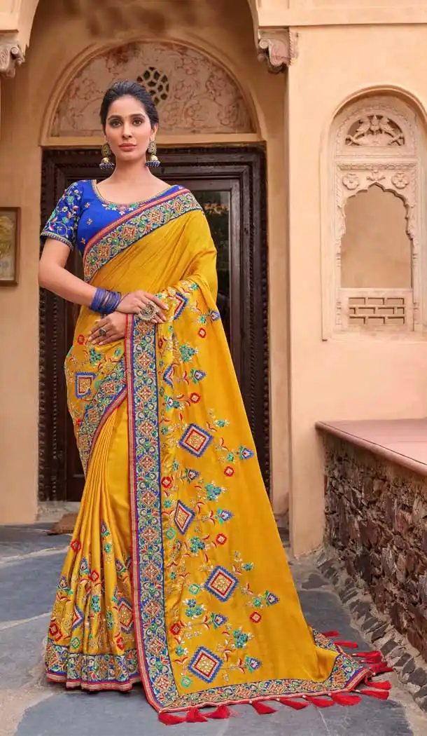 Yellow Color Modal Satin Embroidery Heavy Designer Saree Blouse -8893106076