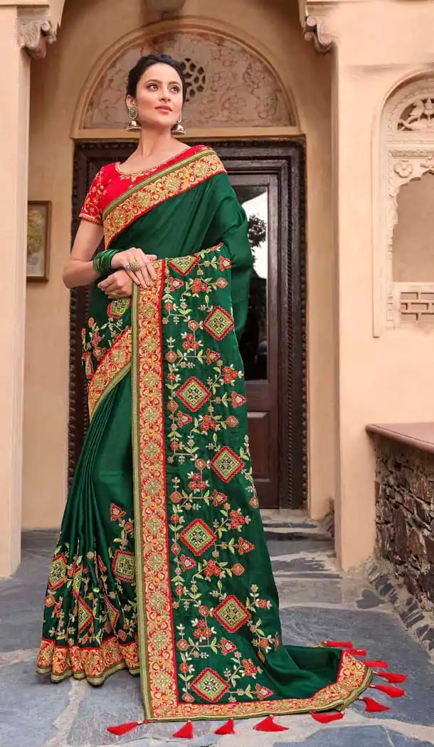 Attractive Green Color Modal Satin Embroidery Heavy Designer Saree Blouse -8893106077