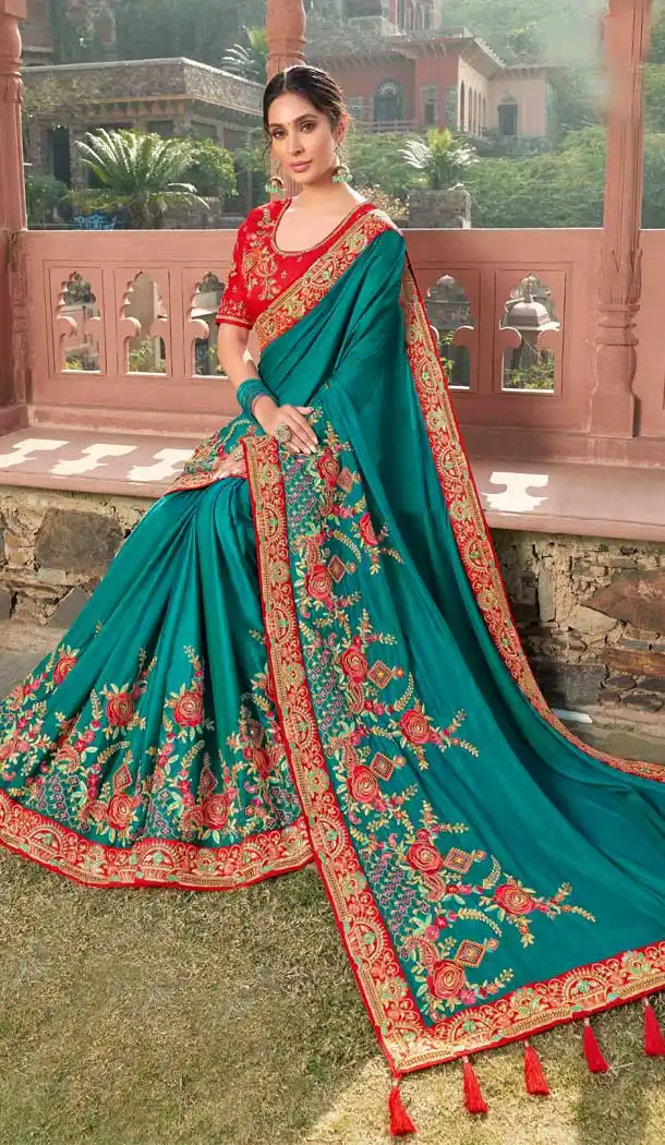 Rama Blue Color Barfi Satin Embroidery Heavy Designer Saree Blouse -8893106079