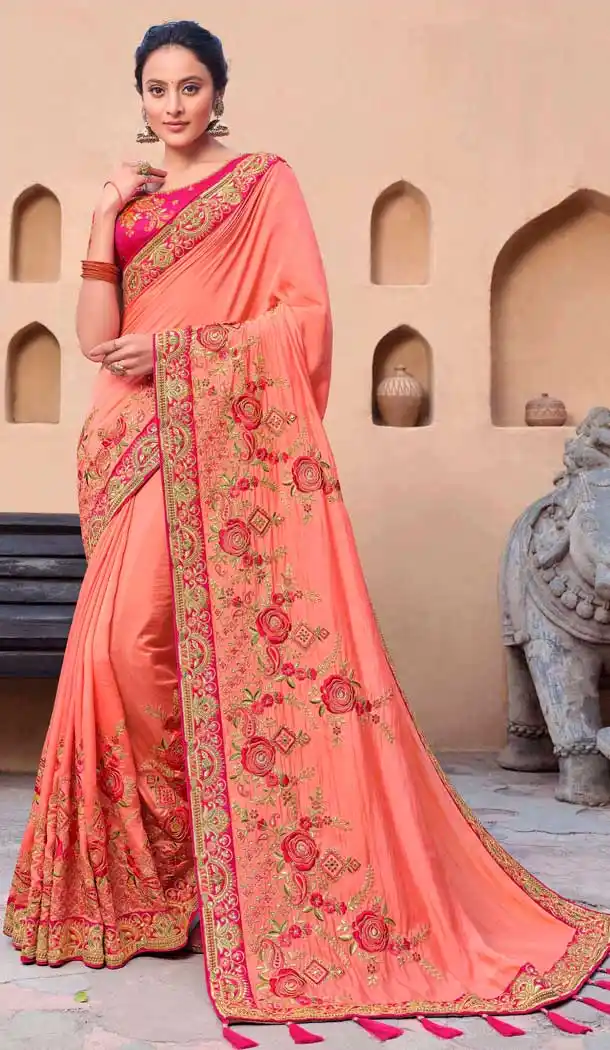 Peach Color Barfi Satin Embroidery Heavy Designer Saree Blouse -8893106080