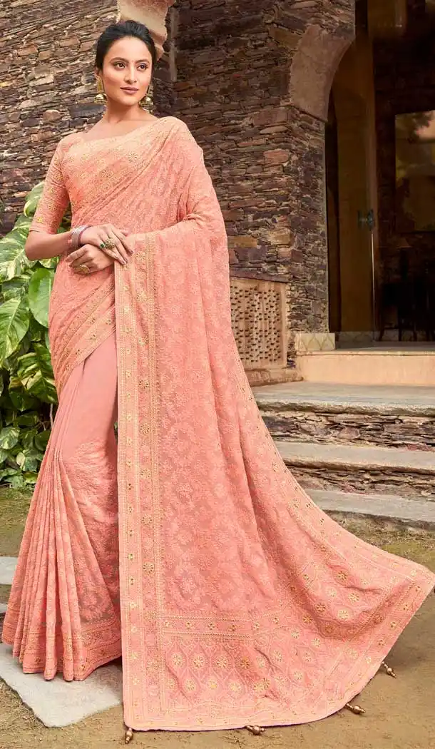 Peach Color Georgette Embroidery Heavy Designer Saree Blouse -8893106081