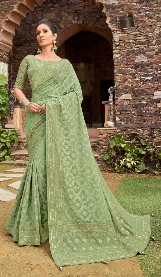 Sea Green Color Georgette Embroidery Heavy Designer Saree Blouse -8893106082