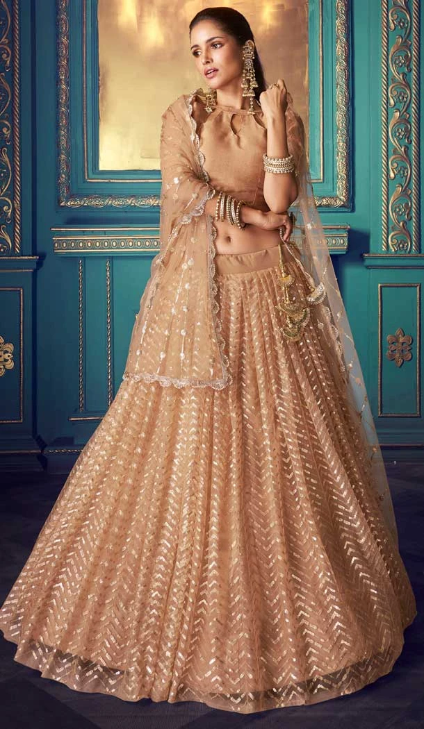 Copper Gold Color Soft Net Heavy Designer Party Wear Lehenga Choli -8898106130