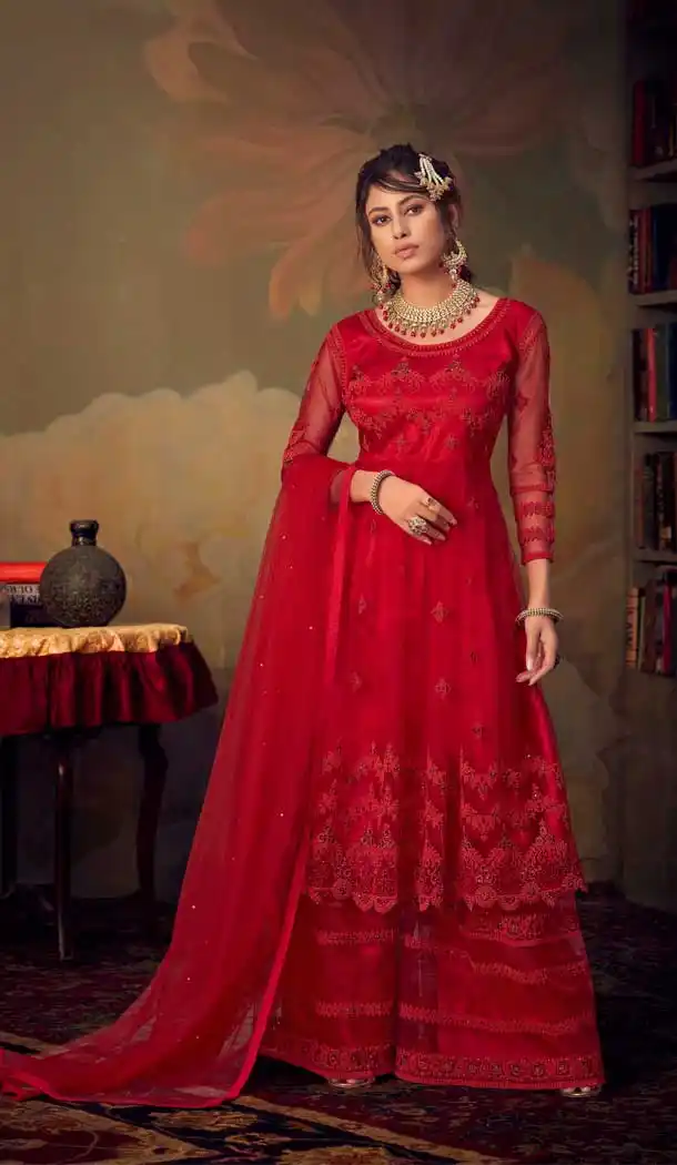 Red Color Net Designer Heavy Embroidery Party Wear Women Sharara Suit -8903106163
