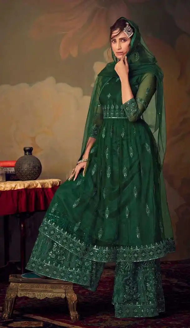 Green Color Net Designer Heavy Embroidery Party Wear Women Sharara Suit -8903106169
