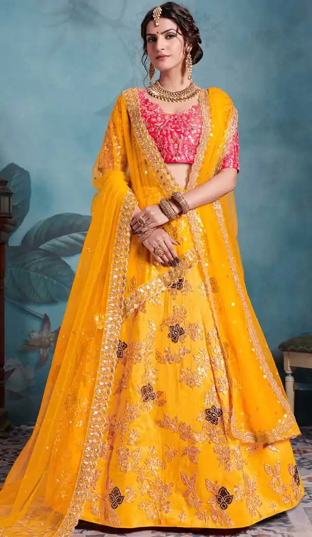 Aesthetic Yellow Color Art Silk Designer Bridal Wedding Wear Lehenga Choli -8907106202