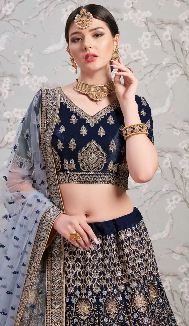 Gorgeous Navy Blue Color Satin Designer Bridal Wedding Wear Lehenga Choli -8908106204