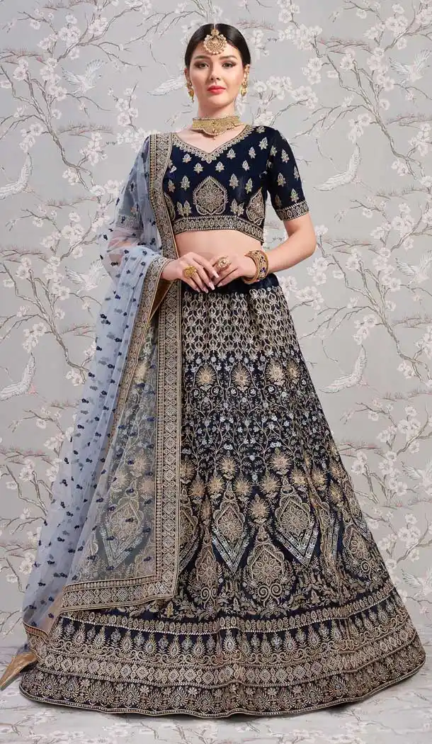 Gorgeous Navy Blue Color Satin Designer Bridal Wedding Wear Lehenga Choli -8908106204