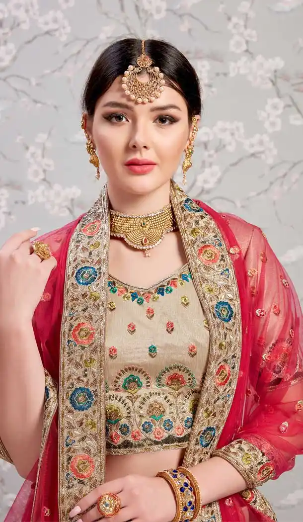 Silky Tan Beige Color Gota Silk Designer Bridal Wedding Wear Lehenga Choli -8908106205