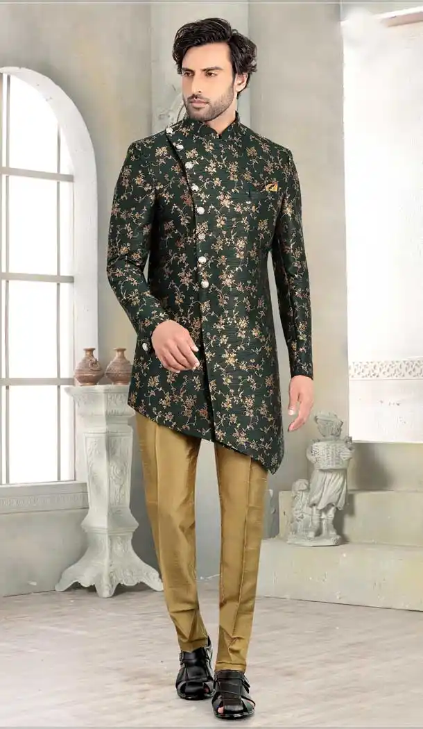 Bottle Green Color Brocade Readymade Indo-Western Plus Size Sherwani -8911106228