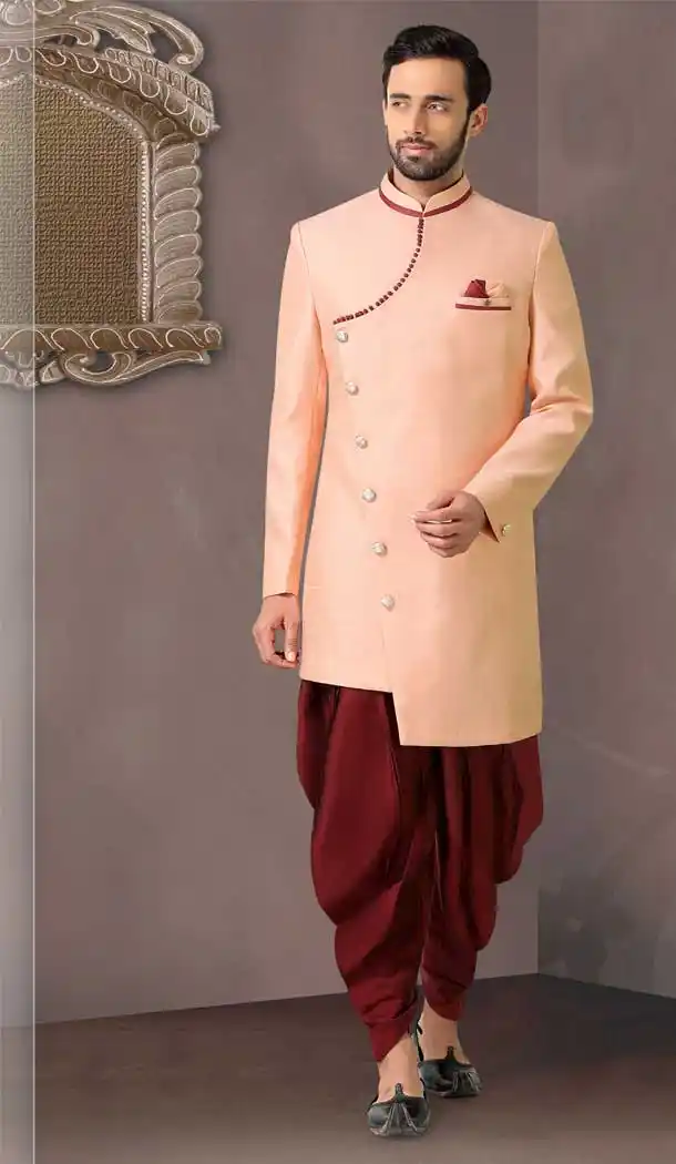 Attractive Peach Color Silk Readymade Indo-Western Plus Size Sherwani -8911106229