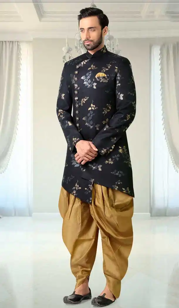 Navy Blue Color Terry Rayon Readymade Indo-Western Plus Size Sherwani -8911106230