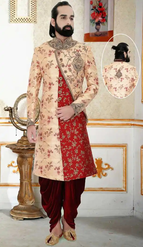 Cream Maroon Color Brocade Readymade Indo-Western Plus Size Sherwani -8911106233