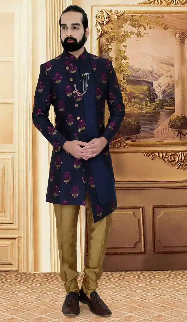 Gorgeous Blue Color Heavy Banarasi Readymade Indo-Western Plus Size Sherwani -8911106234