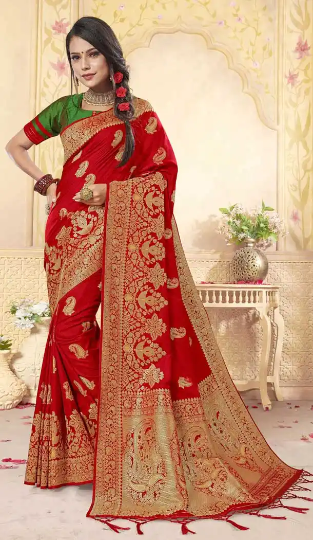 Pretty Red Color Banarasi Silk Designer Traditional Weadding Wear Saree -8926106345
