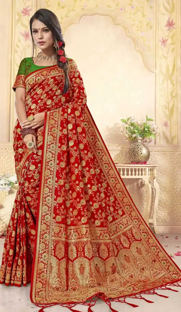 Gleaming Red Color Banarasi Silk Designer Traditional Weadding Wear Saree -8926106349