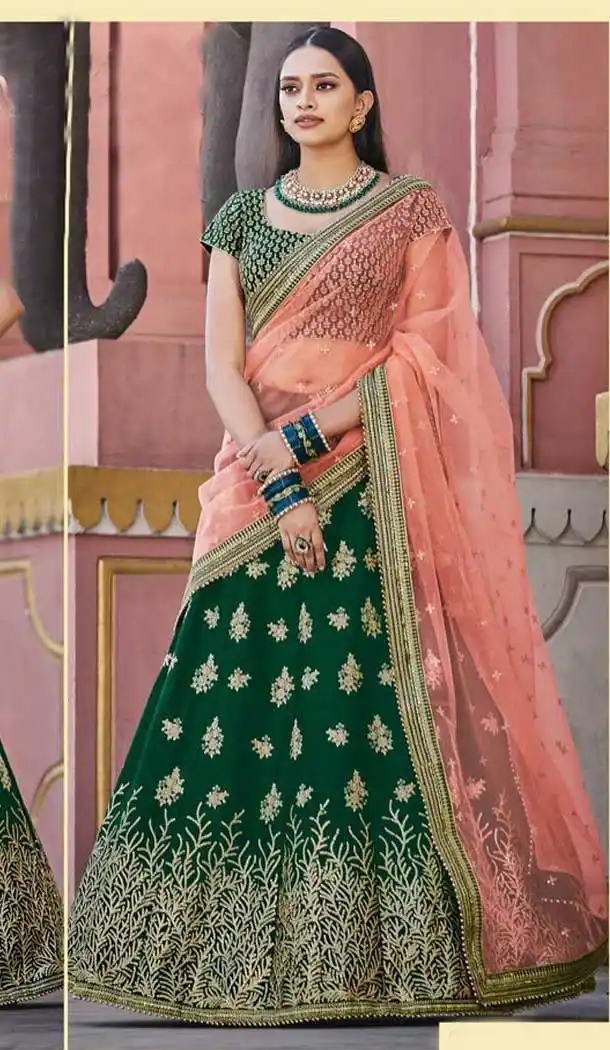 Bottel Green Color Handloom Silk Heavy Designer Wedding Wear Lehenga Choli -8927106355