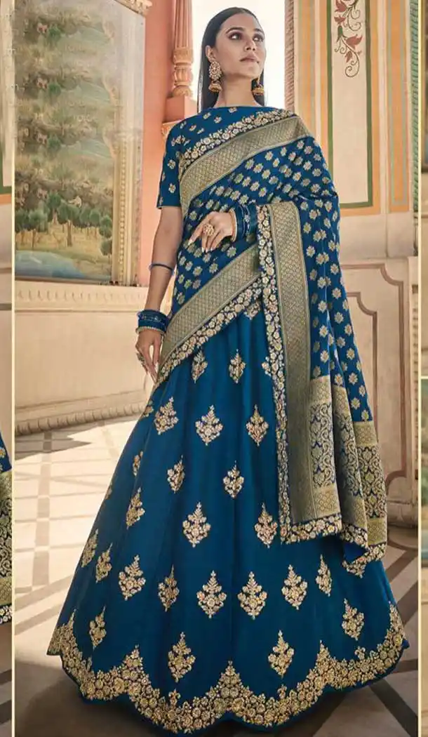 Charming Blue Color Handloom Silk Heavy Designer Wedding Wear Lehenga Choli -8927106359