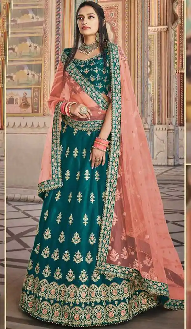 Peacock Green Color Satin Silk Heavy Designer Wedding Wear Lehenga Choli -8927106364