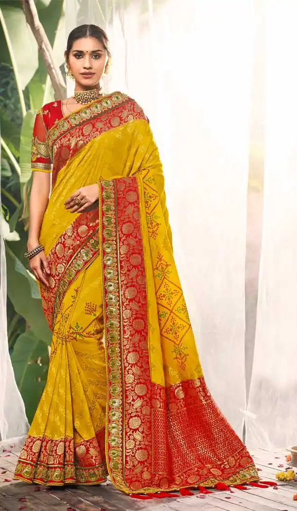 Chic Yellow Color Dola Silk Heavy Designer Party Wear Women Saree Blouse -8955106656