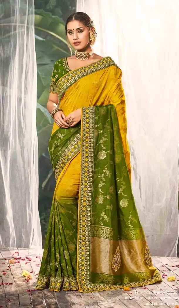 Yellow Green Color Dola Silk Heavy Designer Party Wear Women Saree Blouse -8955106657