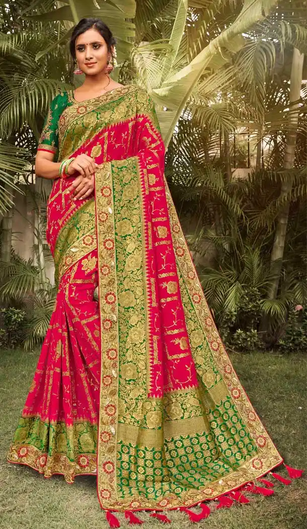 Pink Green Color Dola Silk Heavy Designer Party Wear Women Saree Blouse -8955106658