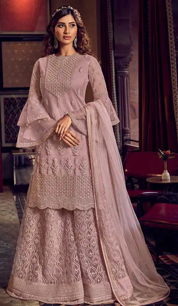 Baby Pink Color Butter Fly Net Designer Party Wear Heavy Sharara Suit -8962106722
