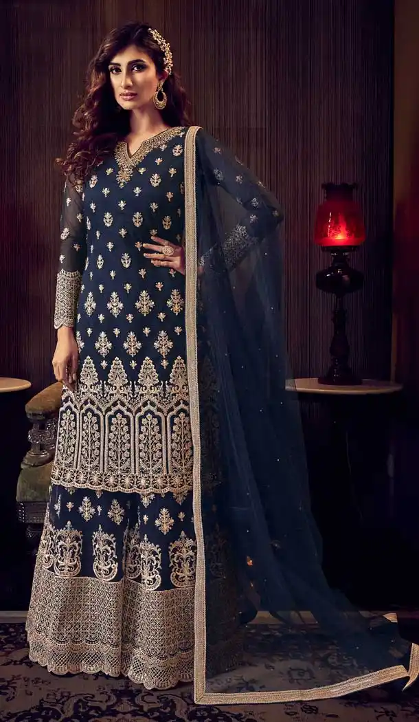 Navy Blue Color Butter Fly Net Designer Party Wear Heavy Sharara Suit -8962106723