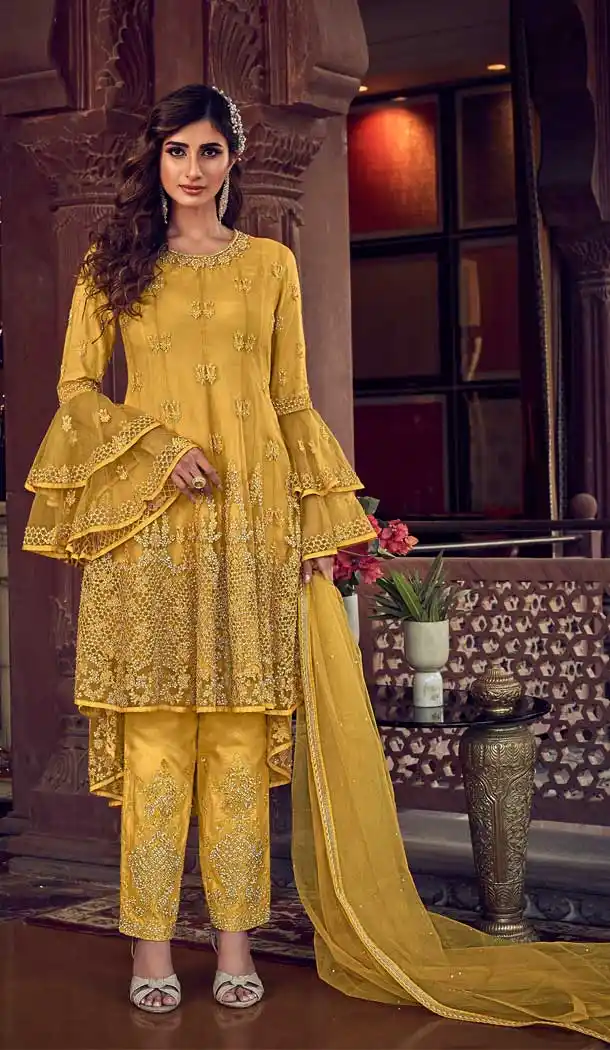 Yellow Color Premium Net Designer Party Wear Heavy Sharara Suit -8962106724