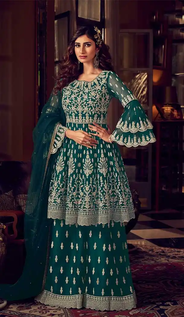 Green Color Butter Fly Net Designer Party Wear Heavy Sharara Suit -8962106726