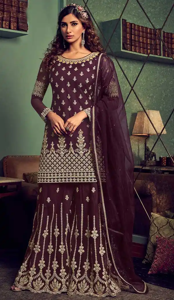 Tantalizing Wine Color Butter Fly Net Designer Party Wear Heavy Sharara Suit -8962106727