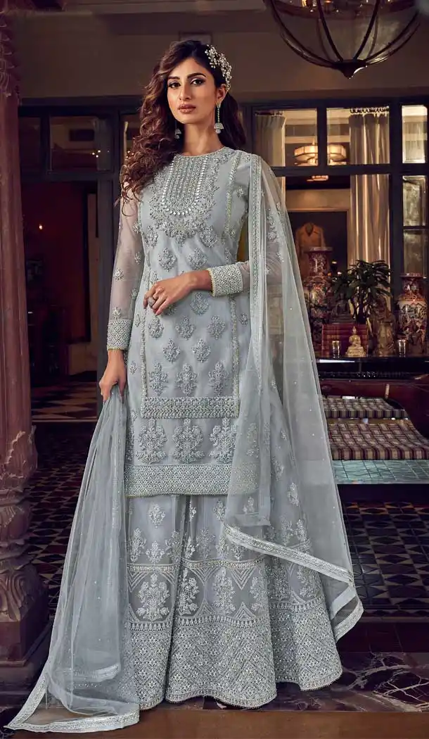 Light Grey Color Butter Fly Net Designer Party Wear Heavy Sharara Suit -8962106728