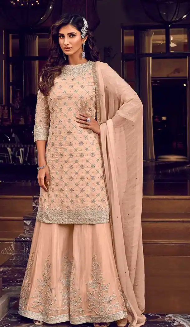 Peach Color Butter Fly Net Designer Party Wear Heavy Sharara Suit -8962106729