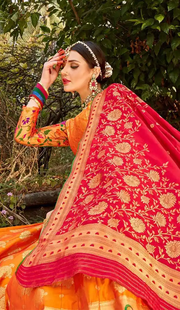 Fancy Orange Color Banarasi Silk Designer Wedding Wear Lehenga Choli -8977106871
