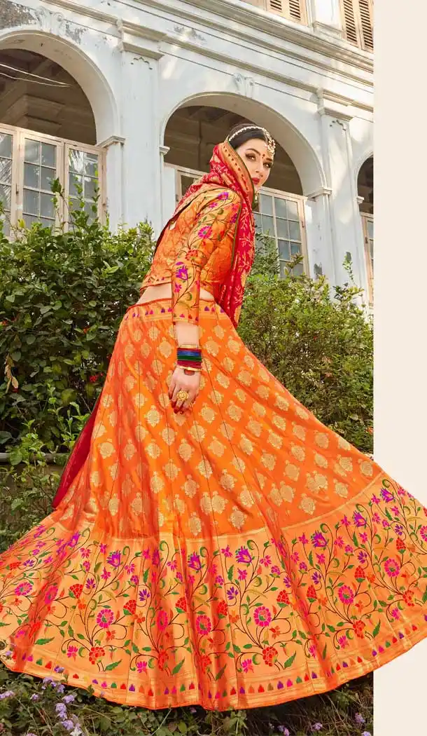 Fancy Orange Color Banarasi Silk Designer Wedding Wear Lehenga Choli -8977106871