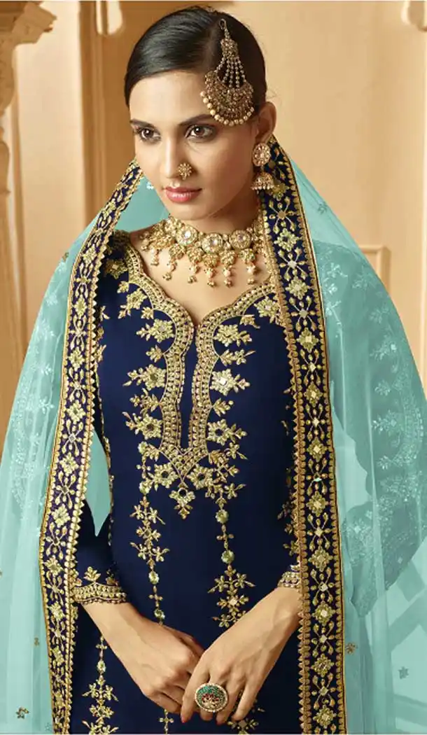 Nevy Blue Color Faux Georgette Heavy Designer Party Wear Palazzo Suit -9015107435