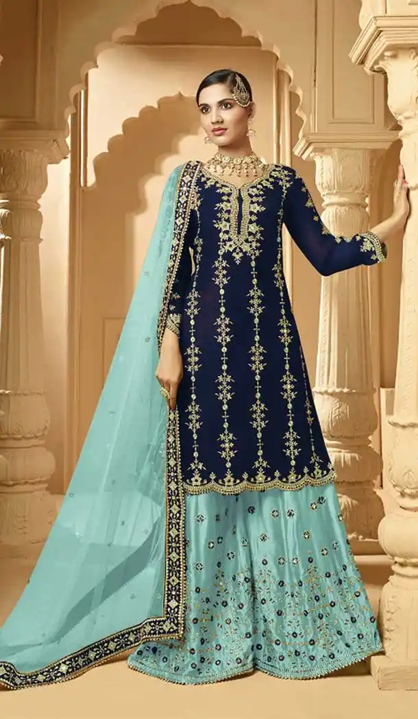 Nevy Blue Color Faux Georgette Heavy Designer Party Wear Palazzo Suit -9015107435