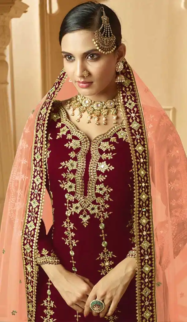 Maroon Color Faux Georgette Heavy Designer Party Wear Palazzo Suit -9015107436