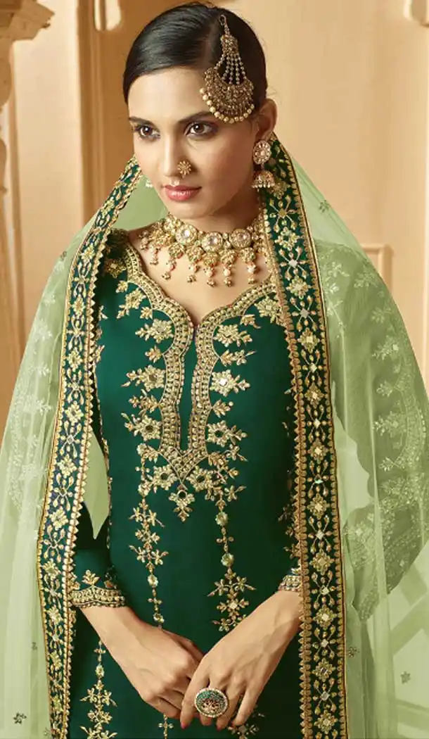 Green Color Faux Georgette Heavy Designer Party Wear Palazzo Suit -9015107437