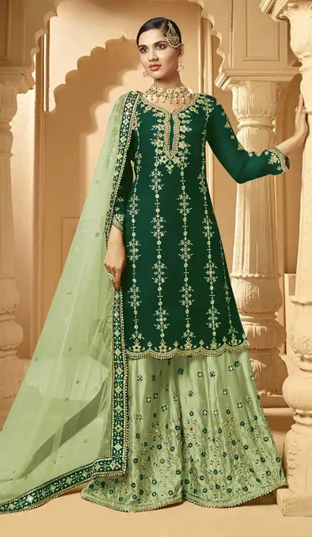 Green Color Faux Georgette Heavy Designer Party Wear Palazzo Suit -9015107437