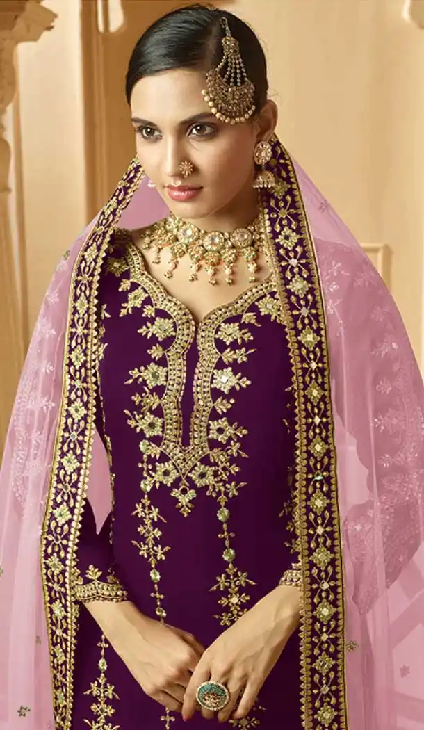 Violet Color Faux Georgette Heavy Designer Party Wear Palazzo Suit -9015107439