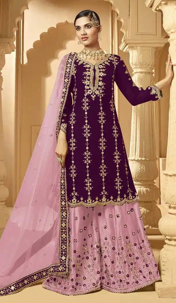 Violet Color Faux Georgette Heavy Designer Party Wear Palazzo Suit -9015107439